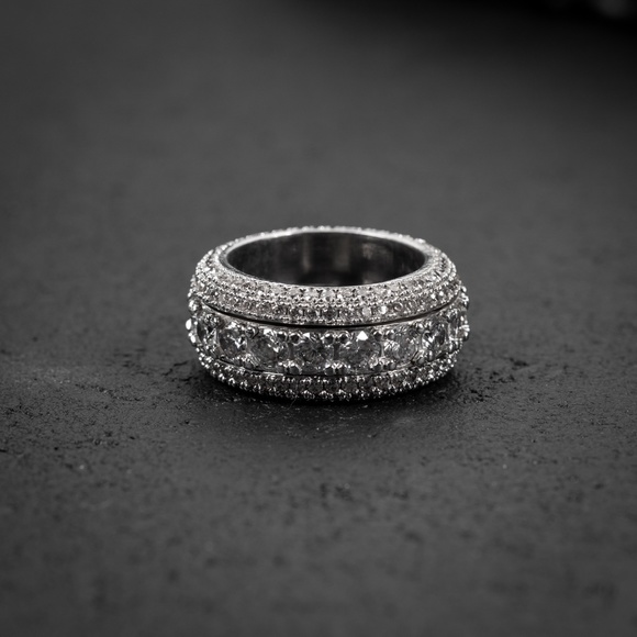 Men's White Gold Plated Iced Cz Pointer Hip Hop Elegant 5 Layered Eternity Ring - Picture 4 of 6